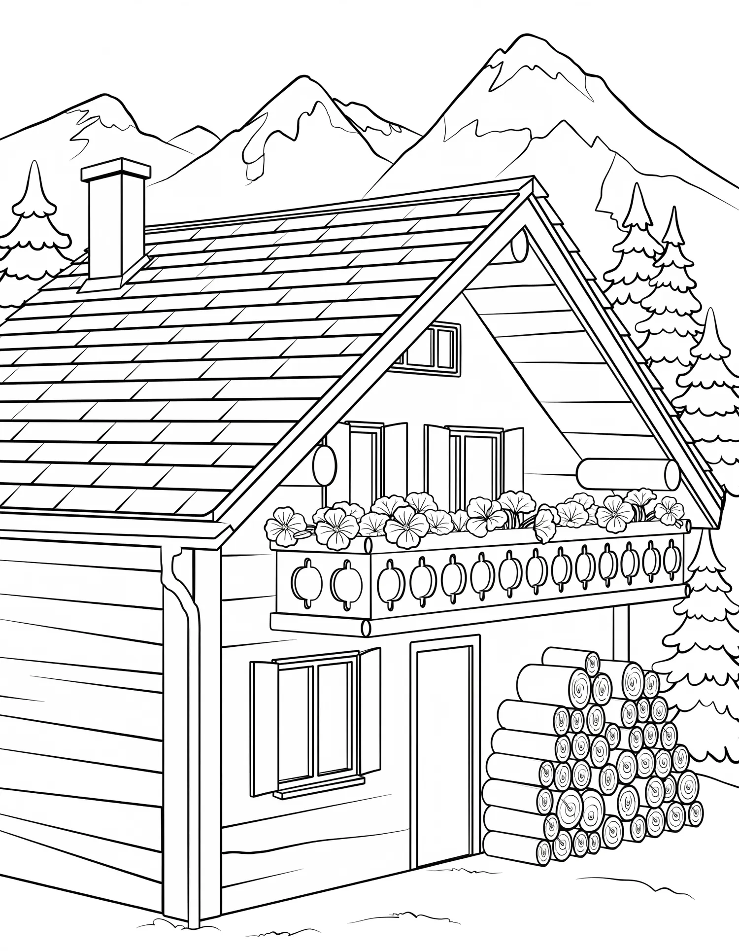 Chalet de Montagne — Coloriage architecture à imprimer gratuitement
